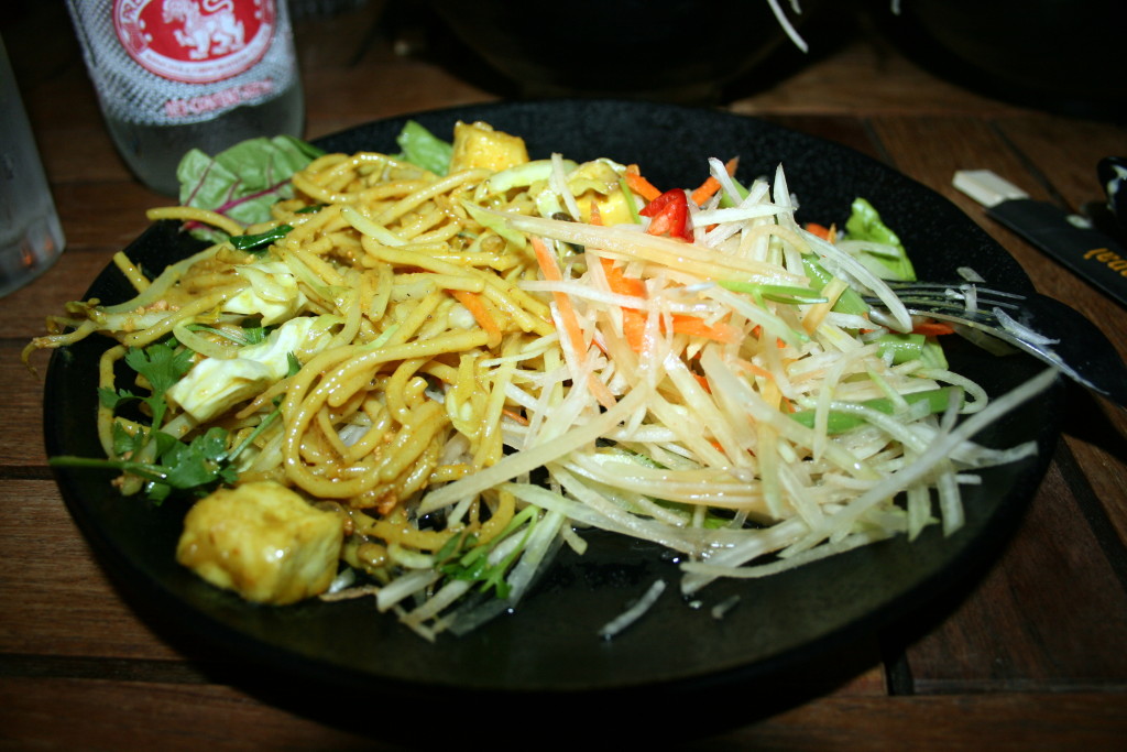 Papaya salad, crispy sweet potato salad, and vegan noodles at Kampai in Tel Aviv (http://www.rol.co.il/sites/kampai/)